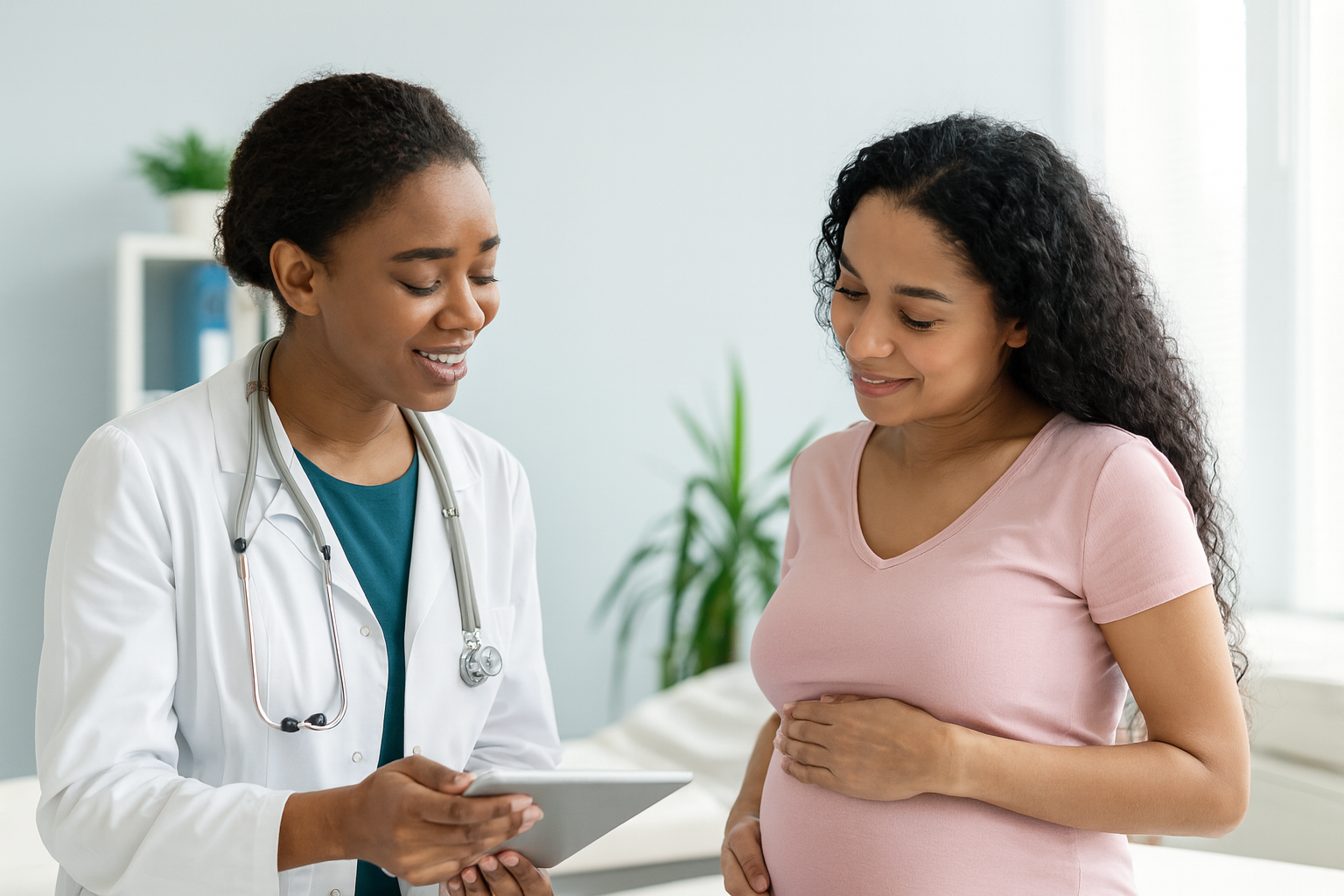 Young nurse speaking to pregnant lady